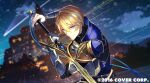  1boy alternate_costume armor blonde_hair blue_armor blue_eyes blue_gemstone blue_ribbon blurry blurry_background building copyright dutch_angle gem gloves hair_between_eyes hand_up highres holding holding_sword holding_weapon holostars kainown kishido_temma light_trail looking_at_viewer male_focus night official_art ribbon shooting_star short_hair sky smile solo star_(sky) starry_sky sword two-handed upper_body vambraces virtual_youtuber weapon white_gloves 