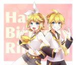  1boy 1girl :d ahoge bangs black_sailor_collar black_shorts black_sleeves blonde_hair blue_eyes bow brother_and_sister commentary_request crop_top detached_sleeves fang grin hair_bow hair_ornament hairclip happy_birthday headphones interlocked_fingers kagamine_len kagamine_rin long_sleeves looking_at_viewer midriff navel neckerchief necktie ok_sign omachi_mozu open_mouth redrawn sailor_collar shirt shorts siblings sidelocks skin_fang smile v vocaloid white_bow white_shirt yellow_belt yellow_neckerchief yellow_necktie 