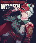  1girl absurdres apex_legends black_background black_scarf breasts character_name demon&#039;s_whisper_wraith grey_eyes hair_bun highres holding holding_knife knife kunai looking_down mask mask_on_head medium_breasts official_alternate_costume oni_mask open_mouth sarashi scarf weapon wraith&#039;s_kunai wraith_(apex_legends) youka_(blknrose777) 