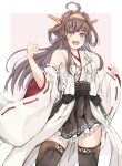  absurdres ahoge black_skirt boots breasts brown_hair cowboy_shot dairyo3 detached_sleeves double_bun eyebrows_visible_through_hair frilled_skirt frills hairband hakama hakama_short_skirt hakama_skirt headgear highres japanese_clothes kantai_collection kongou_(kancolle) kongou_kai_ni_(kancolle) long_hair looking_at_viewer medium_breasts open_mouth pink_background ribbon-trimmed_sleeves ribbon_trim sash simple_background skirt smile thigh-highs thigh_boots two-tone_background violet_eyes white_background wide_sleeves 