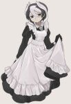  1girl absurdres alternate_costume apron black_dress black_gloves breasts closed_mouth commentary_request dress empty_eyes enmaided eyebrows_visible_through_hair frilled_apron frills frown gloves hair_between_eyes hand_up highres juliet_sleeves long_sleeves looking_at_viewer made_in_abyss maid nezou_(oshisamaaa) no_pupils ozen pale_skin puffy_sleeves short_hair simple_background skirt_hold small_breasts solo whistle whistle_around_neck white_apron white_background wing_collar 