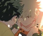  2boys artist_name bakugou_katsuki blonde_hair boku_no_hero_academia child closed_mouth commentary_request film_grain freckles gloves green_eyes green_gloves green_shirt hand_on_another&#039;s_face holding_another&#039;s_arm light looking_at_another looking_down male_focus mantos_no.7 midoriya_izuku multicolored_clothes multicolored_gloves multiple_boys orange_gloves red_eyes shirt short_hair spiky_hair thai_commentary time_paradox younger 