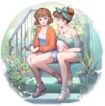  2girls bare_shoulders blue_eyes breasts brown_hair earrings green_eyes highres jacket jewelry large_breasts looking_at_another medium_breasts meinoss multiple_girls necklace on_stairs open_mouth orange_jacket original plant railing shoes short_hair sitting sitting_on_stairs stairs teeth upper_teeth 