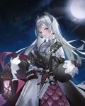  1girl arknights belt bird black_gloves black_jacket capelet clkfmbing closed_mouth cowboy_shot earrings full_moon gloves grey_eyes grey_hair gun head_wings high-waist_skirt highres holding holding_lantern irene_(arknights) jacket jewelry lantern long_hair long_sleeves looking_at_viewer moon night night_sky outdoors pink_eyes puffy_long_sleeves puffy_sleeves purple_skirt scar scar_across_eye scar_on_face shoulder_strap skirt sky smile solo very_long_hair weapon white_capelet white_skirt 