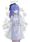  1girl absurdres arknights arms_behind_back black_bow blue_eyes blue_hair bow cowboy_shot dress energy_wings floral_background flower hair_bow halo highres liangban_xiexu long_hair looking_at_viewer mostima_(arknights) neck_ribbon ribbon smile solo white_background white_dress white_flower white_ribbon younger 