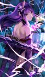  1girl absurdres back bangs bare_shoulders braid braided_ponytail breasts electricity genshin_impact hair_ornament highres japanese_clothes katana kimono large_breasts long_hair long_sleeves looking_at_viewer looking_back mole mole_under_eye musou_isshin_(genshin_impact) nicky_w off_shoulder purple_hair purple_kimono raiden_shogun solo sword thighs very_long_hair violet_eyes weapon wide_sleeves 