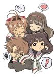  1boy 3girls brown_hair cardcaptor_sakura child closed_eyes daidouji_tomoyo edoya_inuhachi hairband heart highres kinomoto_sakura li_meiling li_xiaolang multiple_girls pink_hairband school_uniform tomoeda_elementary_school_uniform 