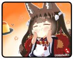  1girl :t animal_ears azur_lane bangs blunt_bangs blush brown_hair commentary_request eating eyebrows_visible_through_hair eyeshadow feeding food fox_ears fox_girl fox_tail gradient gradient_background hair_between_eyes hands_on_own_cheeks hands_on_own_face happy kyuubi long_hair long_sleeves looking_at_viewer makeup multiple_tails off-shoulder_kimono pout pudding rope shimenawa sidelocks signature simple_background solo spoon tail taisa_(kari) twintails twitter_username wide_sleeves 