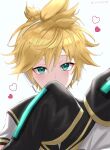  1boy absurdres artist_name blonde_hair blue_eyes headband headset heart highres itogari kagamine_len looking_at_viewer male_focus sailor_collar simple_background sleeves_past_wrists solo spiky_hair vocaloid white_background 