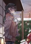  1girl animal black_eyes black_hair camellia cat flower grey_eyes hair_ornament hairpin highres holding holding_animal holding_cat japanese_clothes kimono long_hair original ranrin1007 snow snowing solo 