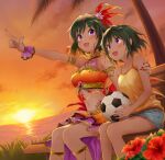  2girls :d armlet ball bangs bench blue_shorts blush clouds collarbone crop_top dutch_angle eyebrows_visible_through_hair feather_hair_ornament feathers flower green_hair hair_between_eyes hair_ornament hibiscus highres holding holding_ball idolmaster idolmaster_cinderella_girls index_finger_raised layered_skirt midriff multiple_girls nail_polish natalia_(idolmaster) navel ocean open_mouth orange_skirt orange_sky palm_tree pink_skirt pleated_skirt pointing q-v_(levia) red_feathers red_flower red_nails shirt short_hair short_shorts shorts sitting skirt sky sleeveless sleeveless_shirt smile soccer_ball stomach sunset tree violet_eyes yellow_shirt 