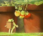  1other basket commentary_request day food frog from_behind fruit full_body grass hachiya_shohei highres holding holding_basket looking_up no_humans original outdoors plant pot potted_plant strawberry stretched_limb 