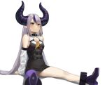  1girl absurdres ascot bare_legs bare_shoulders belt black_dress blurry blush breasts closed_mouth demon_horns detached_sleeves dress grey_hair highres hololive horns la+_darknesss long_hair multicolored_hair multiple_belts o-ring o-ring_belt pointy_ears purple_hair purple_legwear shoes simple_background single_leg_pantyhose sitting small_breasts solo very_long_hair virtual_youtuber white_background yamada_no_orochi yellow_ascot yellow_eyes 