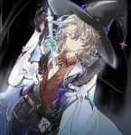  1boy albedo_(genshin_impact) bare_tree black_background blonde_hair blue_eyes cape genshin_impact gloves hat highres human_scabbard looking_at_viewer magic male_focus pants red_shirt shirt solo sword tattoo tree weapon witch witch_hat wumeng 
