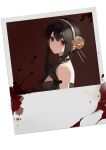  1girl absurdres bare_shoulders black_hair blood blood_splatter breasts choker dress dutch_angle flower ginxiee hair_flower hair_ornament hairband head_tilt highres light_smile looking_at_viewer looking_to_the_side photo_(object) red_background red_eyes sidelocks simple_background skindentation solo spy_x_family strapless strapless_dress updo upper_body white_background yor_briar 