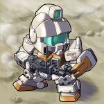  chibi clenched_hand from_above ground_gm gun gundam gundam_08th_ms_team highres holding holding_gun holding_weapon mecha mobile_suit moukin_punch no_humans science_fiction shadow shield solo standing visor weapon 