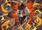  absurdres animal_focus blue_eyes bug commentary_request fire highres looking_at_viewer moth no_humans pokemon pokemon_(creature) sabamisob solo volcarona white_fur 