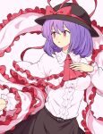 1girl ascot bangs belt black_headwear bow capelet eyebrows_visible_through_hair frilled_capelet frilled_shawl frills hand_on_own_chest hat hat_bow long_sleeves maguro_(mawaru_sushi) nagae_iku open_mouth purple_hair red_ascot red_bow red_eyes shawl shirt short_hair skirt solo touhou upper_body white_capelet white_shirt
