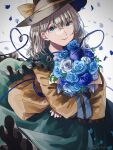  1girl artist_name black_headwear blue_flower blue_rose bouquet bow cowboy_shot dated flower frilled_shirt_collar frills green_eyes green_skirt hair_between_eyes hat hat_bow hat_ribbon heart heart_of_string highres holding komeiji_koishi light_smile long_sleeves looking_at_viewer m_(neteitai10) petals ribbon rose rose_petals shirt skirt solo third_eye touhou wide_sleeves yellow_ribbon yellow_shirt 