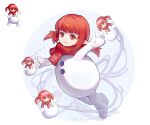  1girl artist_name bodysuit buttons closed_mouth dungeon_and_fighter floating looking_at_viewer meinoss multiple_views orange_eyes pointy_ears red_scarf redhead reference_inset scarf white_bodysuit 