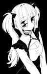  1girl absurdres ahoge bangs blunt_bangs blush bow chest_harness cleavage_cutout clothing_cutout dress ear_piercing extra_eyes eyebrows_visible_through_hair frilled_shirt_collar frills greyscale hair_bow hair_intakes harness high_collar highres long_hair looking_at_viewer mntimccz monochrome monster_girl o-ring original piercing pinafore_dress sketch solo twintails v_arms 