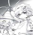  2girls :d :| blouse blush buttons closed_mouth collarbone commentary diamond_button frilled_shirt_collar frills greyscale hair_between_eyes hair_ornament hairband half-closed_eyes hat hat_ribbon heart heart_hair_ornament komeiji_koishi komeiji_satori looking_at_viewer looking_back medium_hair monochrome multiple_girls open_mouth ribbon ribbon_trim shirt short_hair siblings sisters smile third_eye touhou uisu_(noguchipint) upper_body wavy_hair 
