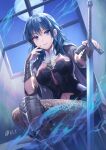  1girl bangs black_coat black_footwear black_shirt black_shorts blue_eyes blue_hair boots breasts bustier byleth_(fire_emblem) byleth_eisner_(female) closed_mouth clothing_cutout coat commentary_request dutch_angle elbow_pads eyebrows_visible_through_hair fire_emblem fire_emblem:_three_houses full_moon hair_between_eyes hand_on_hilt indoors knee_boots knee_pads large_breasts looking_at_viewer medal medium_hair moon navel navel_cutout night pantyhose patterned_legwear planted planted_sword shirt short_shorts shorts sidelocks single_knee_pad sitting smile solo sword tassel twitter_username vambraces weapon window yamigo 