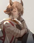  1boy animal_ears arknights bishounen bison_(arknights) cow_boy cow_ears cowboy_shot gloves hair_over_one_eye hand_on_own_face hand_up highres horns jacket looking_at_viewer male_focus one_eye_covered orange_eyes orange_hair smile solo vystis white_gloves 