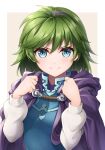  &gt;:) 1girl blue_eyes border brown_background cape clenched_hands closed_mouth fire_emblem fire_emblem:_the_blazing_blade green_hair hairband long_sleeves looking_at_viewer nino_(fire_emblem) purple_cape purple_hairband shirt short_hair simple_background smile solo ten_(tenchan_man) v-shaped_eyebrows white_border white_shirt 