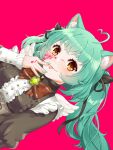  1girl ahoge animal_ears bow bowtie breasts cat_ears cat_girl commentary english_commentary eyebrows_visible_through_hair girl_dm green_hair heart heart_ahoge indie_virtual_youtuber long_sleeves looking_at_viewer simple_background small_breasts solo tongue tongue_out twintails uguubear virtual_youtuber yellow_eyes 