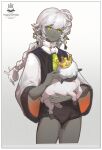 1other androgynous animal bangs braid closed_mouth colored_skin cropped_legs crown earrings green_eyes grey_skin happy_birthday highres holding holding_animal jewelry long_hair looking_at_viewer meinoss mini_crown original pointy_ears sheep white_hair 