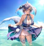 1girl absurdres anchor_hair_ornament bare_shoulders blowhole blue_dress blue_eyes blue_hair blue_whale_(kemono_friends) blush bracelet cetacean_tail clothes_lift commentary_request dorsal_fin dress dress_lift eyebrows_visible_through_hair gem glasses grey_hair hair_ornament highres jewelry kemono_friends kemono_friends_3 light_rays multicolored_hair official_alternate_costume one_eye_closed partially_submerged pearl_(gemstone) pearl_bracelet short_hair sky sleeveless solo sunbeam sunlight tail takebi thigh_strap wading water whale_girl