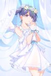  1girl artist_request bare_shoulders black_hair blue_ribbon commentary_request curtains dress flower_wreath fukumaru_koito highres idolmaster idolmaster_shiny_colors ribbon short_dress solo twintails violet_eyes white_dress wrist_cuffs 