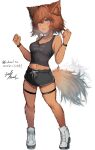  1girl absurdres animal_ears animal_nose black_shorts black_wristband blue_eyes blush body_fur breasts brown_fur brown_hair clothes_writing commission dog_ears dog_girl dog_tail full_body furry furry_female glint hands_up highres jewelry looking_at_viewer midriff monster_musume_no_iru_nichijou navel open_mouth polt ring second-party_source shoes short_hair shorts signature simple_background skeb_commission small_breasts solo standing tab_head tail thigh_strap white_background white_footwear 