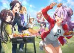  2boys 5girls antenna_hair bangs barbecue black_hair blanket blonde_hair chopsticks closed_mouth day demon_tail dolphin_shorts fang flower_knot food gloves grey_shorts grill grilling hatara_kazutomo highres holding holding_plate horns inko_(succubus_to_neet) jacket japanese_clothes kimono long_hair long_sleeves multiple_boys multiple_girls nekoyashiki_pushio open_clothes open_jacket open_mouth outdoors plate pointy_ears purple_hair red_jacket shirt shoes short_hair shorts sitting socks succubus_to_neet tail tasuki tongs twintails violet_eyes white_footwear white_gloves white_shirt 