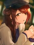  1girl absurdres blurry blurry_background brown_hair commentary_request earrings hat highres idolmaster idolmaster_shiny_colors jewelry long_hair long_sleeves looking_at_viewer osaki_tenka portrait solo upper_body ven_(ven_neojio) yellow_eyes 