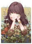  1girl absurdres bangs bracelet brown_hair closed_mouth flower green_eyes hand_on_own_cheek hand_on_own_face hands_up head_rest highres jewelry long_hair looking_at_viewer meinoss multiple_rings original plant ring sketch solo 