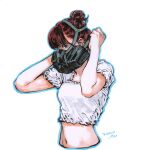  1girl bangs commentary cropped_torso dated gas_mask hair_bun hands_up highres looking_at_viewer mask midriff miss_jisu navel original putting_on_mask redhead shirt short_sleeves signature simple_background solo traditional_media upper_body white_background white_shirt 