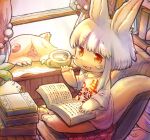  2others :3 alternate_costume animal animal_ears book book_on_lap bookshelf brown_fur chair clothes_writing commentary_request commission cup curtains english_commentary eyebrows_visible_through_hair furry grey_hair highres holding holding_paintbrush made_in_abyss mitty_(made_in_abyss) mixed-language_commentary mug multiple_others naked_shirt nanachi_(made_in_abyss) neritantan on_chair one-eyed open_book open_mouth open_window other_focus oversized_clothes oversized_shirt paintbrush pixiv_request plant potted_plant shirt short_hair_with_long_locks short_sleeves single_bare_shoulder sitting smile t-shirt tail thick_eyebrows toro_astro translation_request whiskers window windowsill 