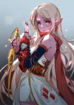  1girl black_nails blonde_hair colored_skin dungeon_and_fighter earrings flower_knot from_side hands_up holding holding_weapon jewelry long_hair looking_at_viewer meinoss multiple_rings pink_skin pointy_ears ring solo violet_eyes weapon 