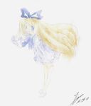  1girl absurdres blonde_hair blue_eyes bow bowing breasts commentary_request disgaea dress flonne highres looking_at_viewer non-web_source open_mouth painting_(medium) ribbon self_upload small_breasts solo traditional_media watercolor_(medium) white_background white_dress 