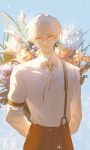  1boy blue_sky bouquet brown_pants closed_mouth flower glasses highres holding holding_bouquet long_sleeves looking_at_viewer medium_hair mole mole_under_eye outdoors pants shirt sky smile solo tears_of_themis vyn_richter_(tears_of_themis) white_shirt yellow_eyes yiy1123 