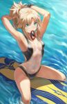  1girl armpits arms_behind_head arms_up bangs bare_shoulders black_swimsuit blonde_hair braid breasts collarbone covered_navel fate/apocrypha fate/grand_order fate_(series) french_braid green_eyes highleg highleg_swimsuit highres long_hair looking_at_viewer mordred_(fate) mordred_(fate/apocrypha) mouth_hold one-piece_swimsuit parted_bangs ponytail prydwen_(fate) sidelocks sitting small_breasts smile surfboard swimsuit thighs tonee two-tone_swimsuit tying_hair water wet white_swimsuit 