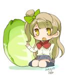  1girl bow brown_hair cabbage chibi dated full_body hair_bow long_hair looking_at_viewer love_live! love_live!_school_idol_project minami_kotori mota one_side_up open_mouth school_uniform simple_background skirt smile solo white_background yellow_eyes 