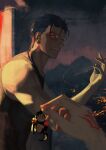  absurdres biceps blue_hair cigarette command_spell cu_chulainn_(fate) cu_chulainn_alter_(fate) expressionless facepaint fate/grand_order fate_(series) glowing glowing_eyes highres holding holding_cigarette long_hair male_focus mini_cu-chan_(fate) muscular muscular_male red_eyes shanguisantai spiky_hair tank_top 