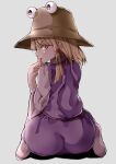  1girl absurdres ass blonde_hair brown_headwear commentary_request eyebrows_visible_through_hair from_behind grey_background hair_ribbon hat highres long_sleeves long_tongue looking_at_viewer looking_back maboroshi_mochi medium_hair moriya_suwako purple_skirt purple_vest red_ribbon ribbon shirt simple_background sitting skirt skirt_set solo tongue tongue_out touhou vest wariza white_shirt yellow_eyes 