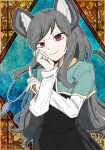  1girl alternate_hair_length alternate_hairstyle animal_ears bangs capelet dress eyebrows_visible_through_hair grey_hair hand_on_own_cheek hand_on_own_face highres jewelry kiringi long_hair long_sleeves looking_at_viewer mouse_ears mouse_tail nazrin red_eyes smile solo tail touhou very_long_hair 