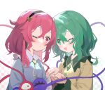  2girls :| absurdres black_hairband blouse blue_shirt blush buttons closed_mouth commentary diamond_button eyebrows_behind_hair frilled_sleeves frills green_eyes green_hair hair_between_eyes hair_ornament hairband heads_together heart heart_button heart_hair_ornament highres holding_hands komeiji_koishi komeiji_satori long_hair long_sleeves looking_at_another measho multiple_girls no_hat no_headwear one_eye_closed pink_eyes pink_hair ribbon_trim shirt siblings simple_background sisters smile sweatdrop third_eye touhou triangle_mouth upper_body white_background wide_sleeves yellow_shirt 