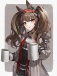  1girl :d angelina_(arknights) animal_ear_fluff animal_ears arknights black_shirt black_shorts blush border brown_eyes brown_hair coat coffee coffee_cup collar cowboy_shot cup disposable_cup fox_ears gloves grey_background hairband highres holding holding_cup im_catfood infection_monitor_(arknights) jacket long_hair long_sleeves looking_at_viewer open_clothes open_coat open_jacket open_mouth outside_border red_hairband red_jacket shirt shorts sidelocks simple_background smile solo steam twintails two-tone_hairband unzipped white_border white_coat white_gloves 