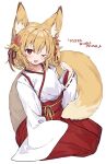  1girl absurdres animal_ear_fluff animal_ears bell blonde_hair blush commission fang fox_ears fox_girl fox_tail grey_background hair_between_eyes highres inu_(puputizy) jingle_bell kitsune kneeling long_sleeves looking_at_viewer medium_hair one_eye_closed open_mouth original paw_pose red_eyes red_ribbon ribbon simple_background skeb_commission sleeves_past_fingers sleeves_past_wrists solo tail wide_sleeves 